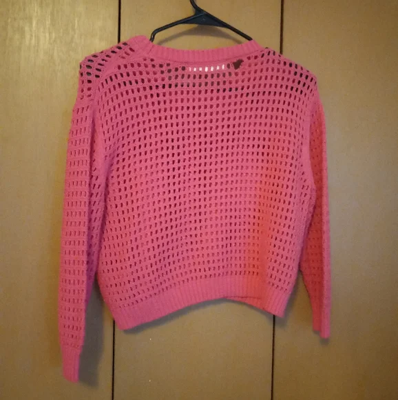 FOREVER 21 CROP TOP CROCHET SWEATER. WOMENS SIZE S. LONG SLEEVE. PINK. - Picture 6 of 6